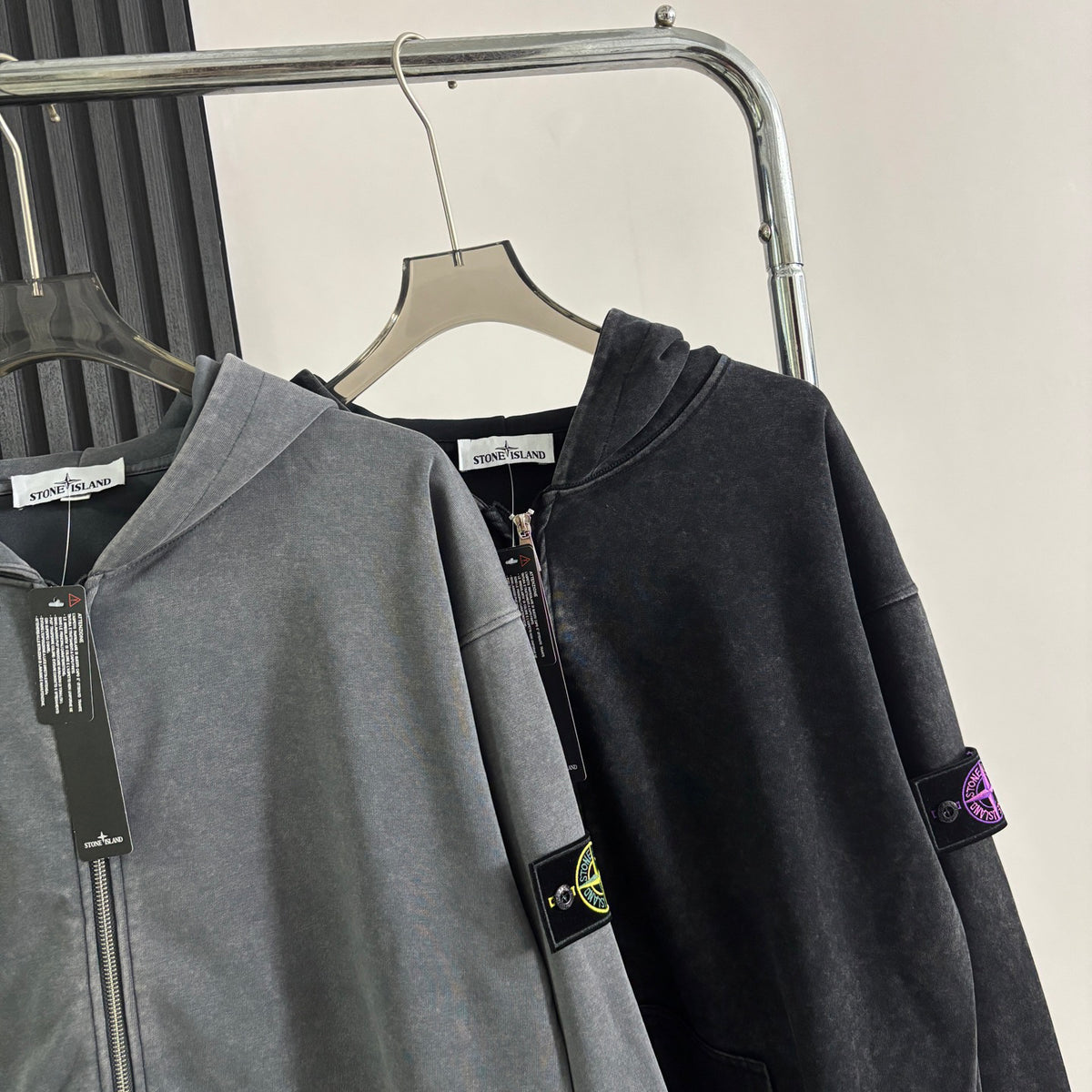 Stone Island Washed Zip-Up Hoodie with Purple Compass Badge