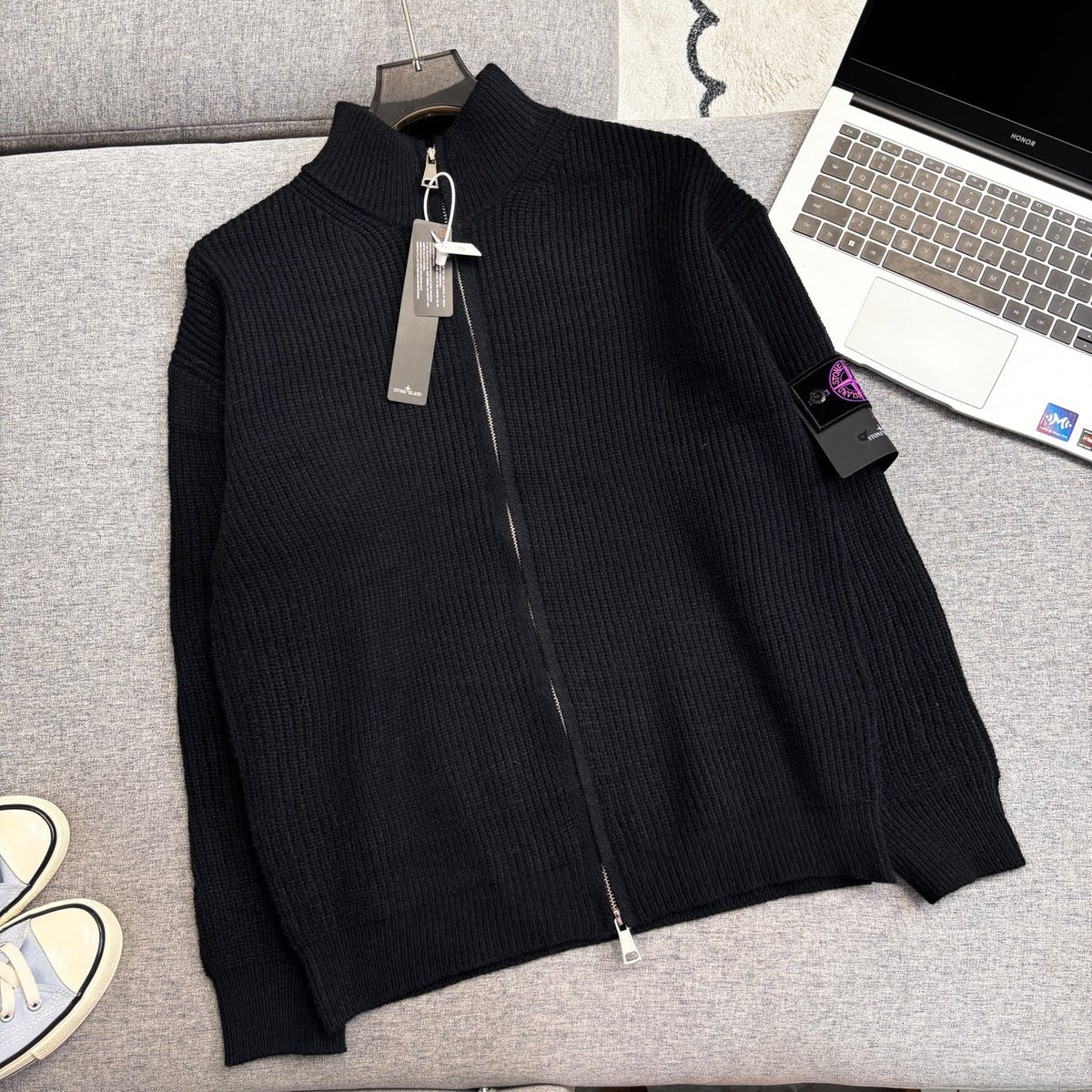 Stone Island Chunky-Rib Full-Zip Knit Cardigan with Compass Badge