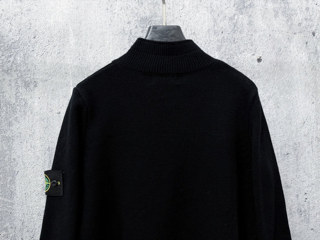 Stone Island Wool Knit Half-Button Mock Neck Sweater with Compass Badge on Sleeve