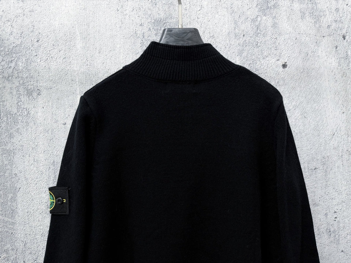 Stone Island Wool Knit Half-Button Mock Neck Sweater with Compass Badge on Sleeve