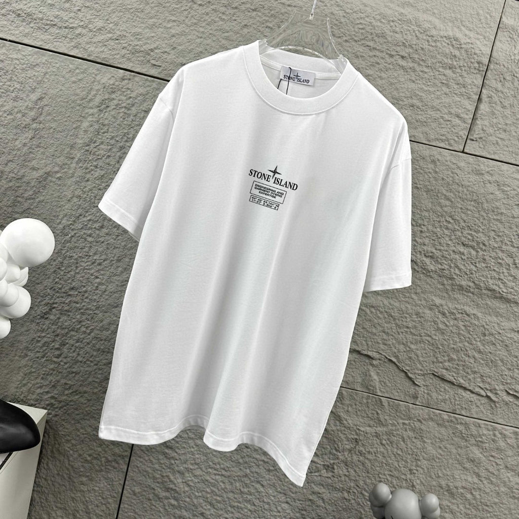 Stone Island Engineering and Garment Dyeing Expertise Heat-Transfer Print T-Shirt - Compass Badge Back, Coordinates Front