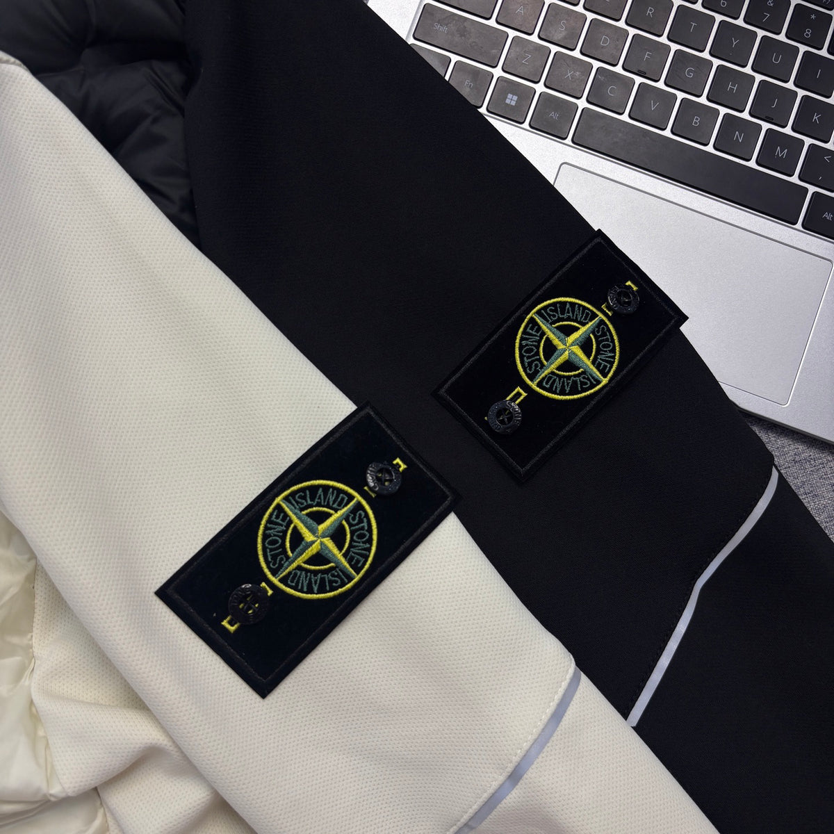 Stone Island Hybrid Down Jacket with Geometric Quilting and Compass Badge