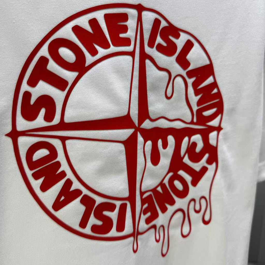 Stone Island Spring–Summer 2026 T-Shirt — Flock-Print Bubble Letter Logo, Compass Star Centre Chest