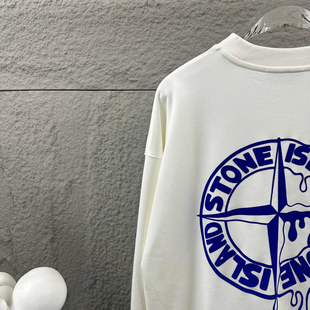 Stone Island Early Autumn–Winter 2026 Sweatshirt — Dripping Compass Star Flocked Logo at Left Chest, Dripping Compass Badge at Centre Back