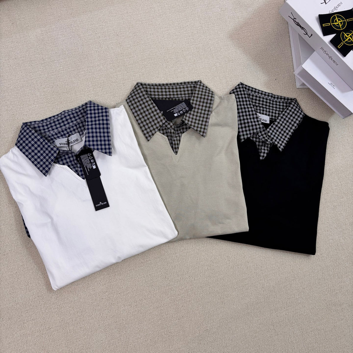 Stone Island Faux Two-Piece Short Sleeve Top with Gingham Collar