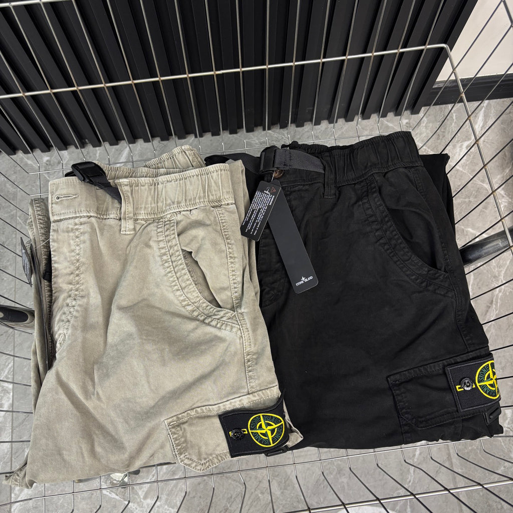Stone Island Washed Multi-Pocket Cargo Trousers with Buckle Belt and Compass Badge
