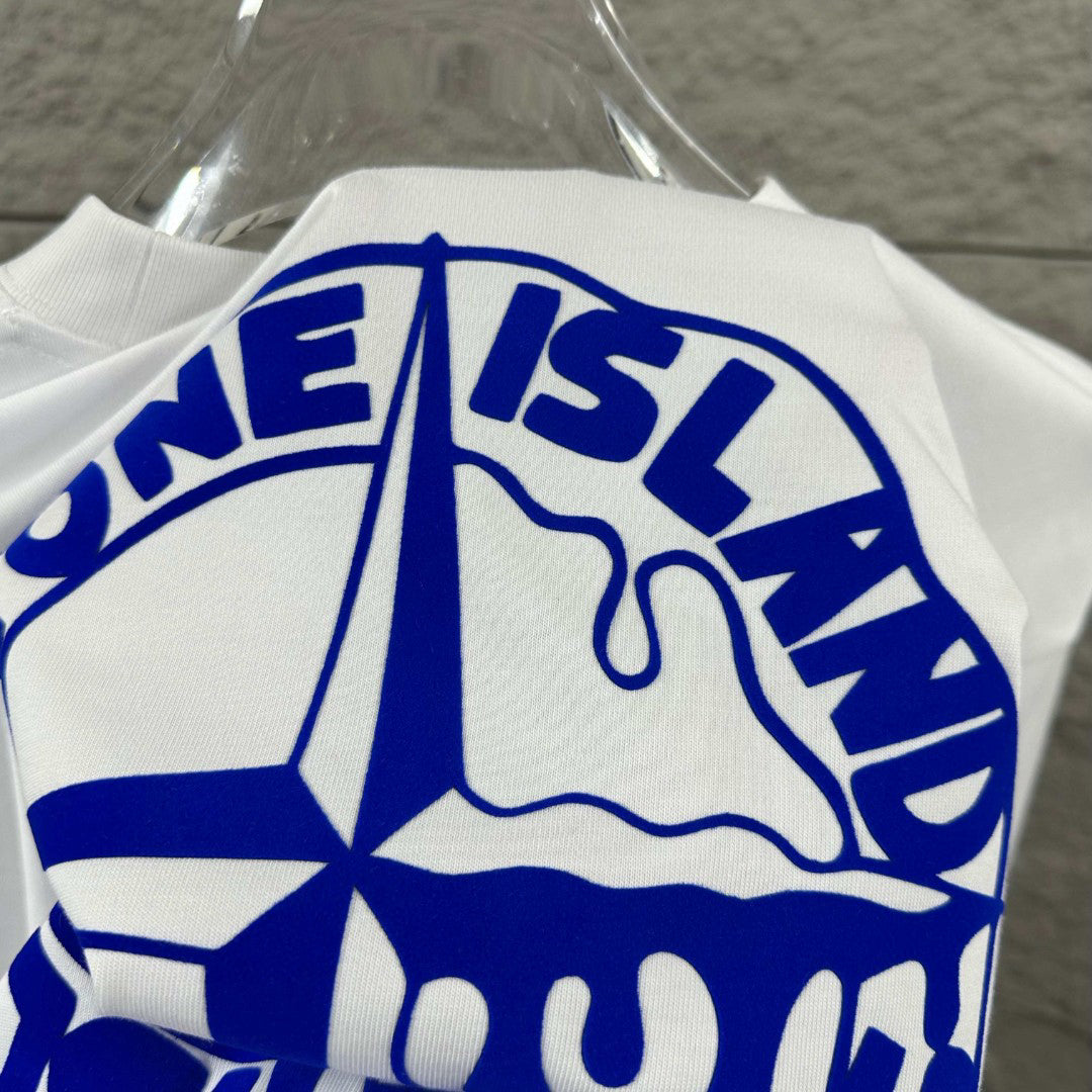 Stone Island Melting Compass Rose 3D Flock Print T-Shirt - Cobalt Blue Star at Chest, Oversized Melting Badge at Back