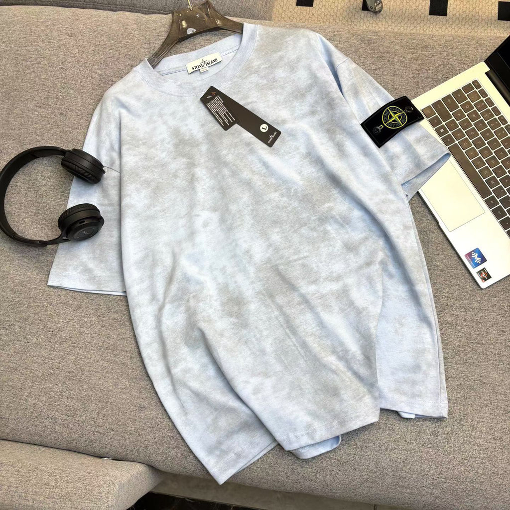 Stone Island Garment-Washed Cloud Pattern Oversized Cotton Tee with Compass Badge