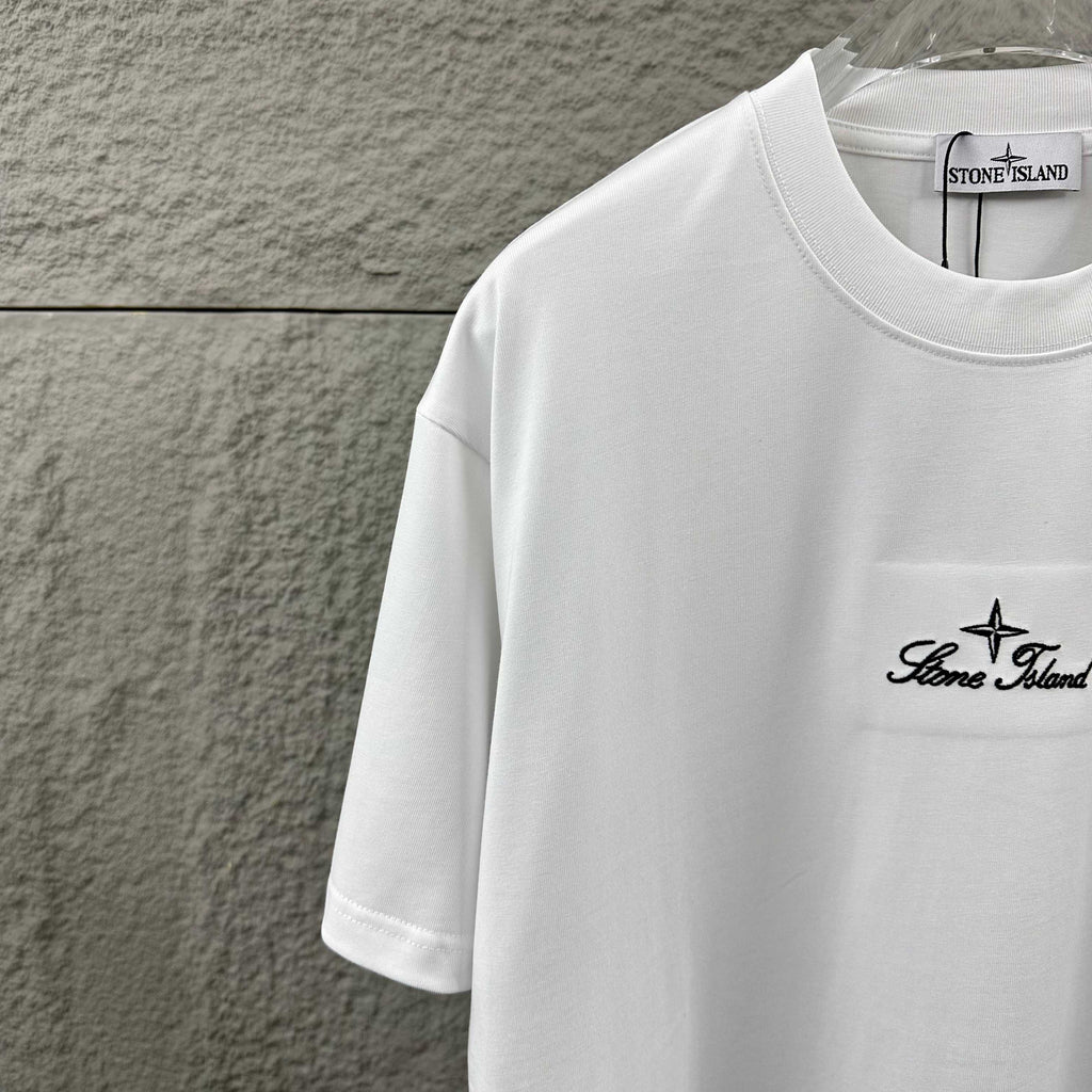 Stone Island Script Logo Embroidery T-Shirt with Dashed Geometric Lattice Back Print
