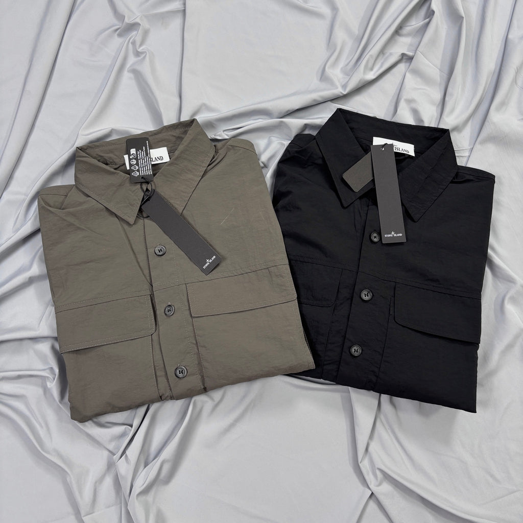 Stone Island Crinkle Nylon Overshirt with Flap Chest Pockets and Compass Badge