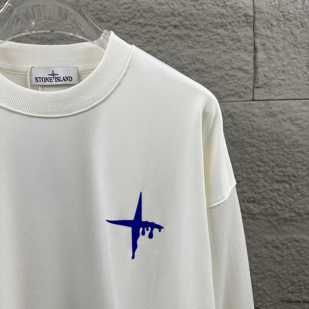 Stone Island Early Autumn–Winter 2026 Sweatshirt — Dripping Compass Star Flocked Logo at Left Chest, Dripping Compass Badge at Centre Back