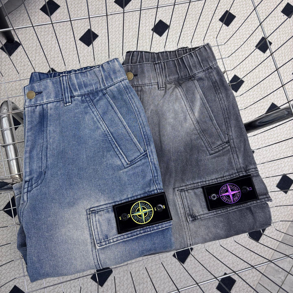 Stone Island Washed Denim Cargo Shorts with Front Patch Pockets and Compass Badge