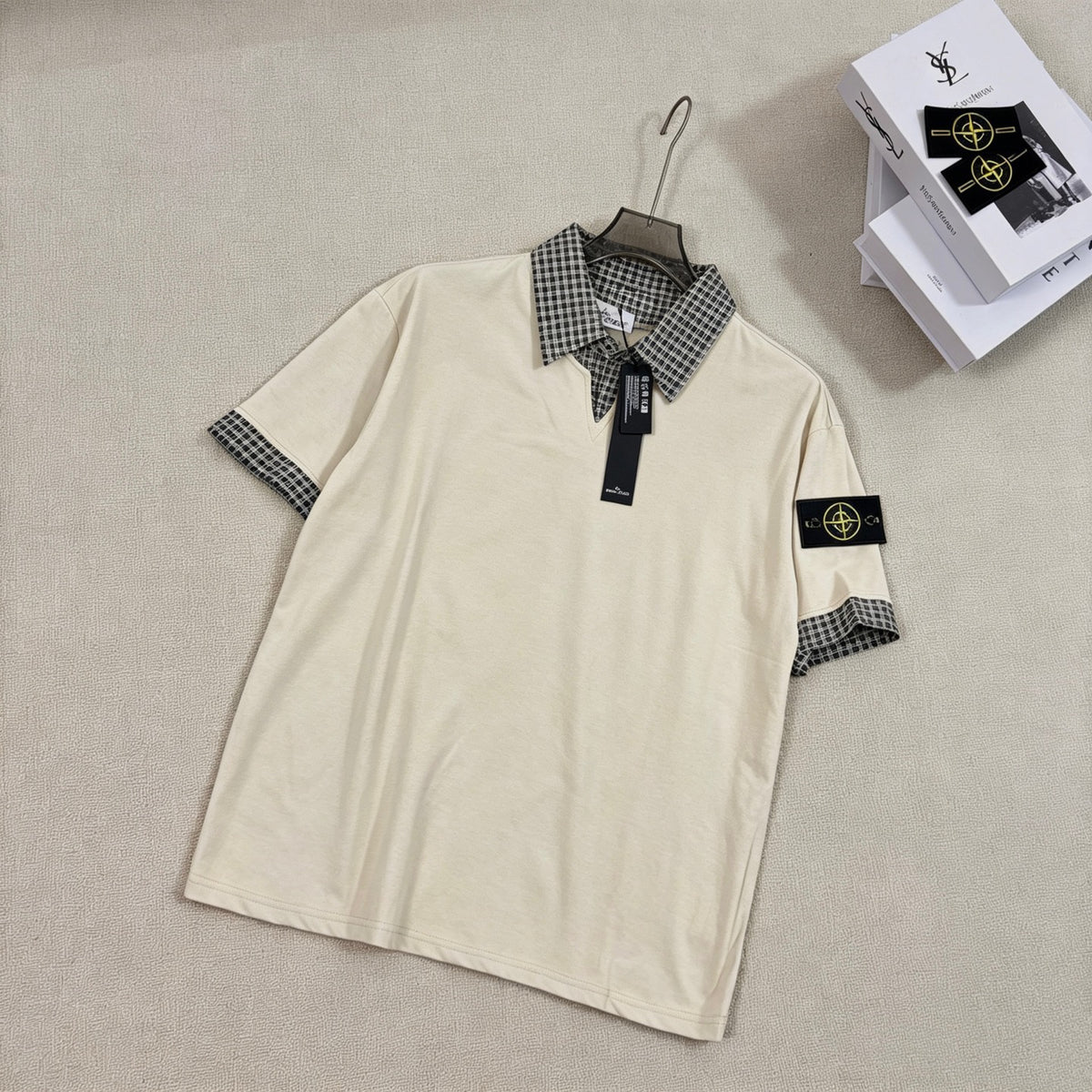 Stone Island Faux Two-Piece Short Sleeve Top with Gingham Collar
