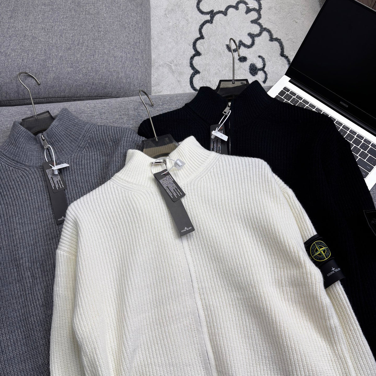Stone Island Chunky-Rib Full-Zip Knit Cardigan with Compass Badge