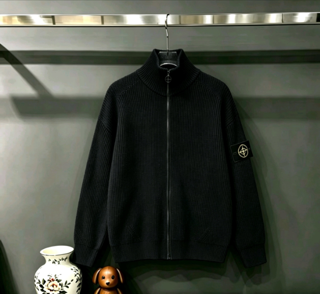 Stone Island Full-Zip Turtleneck Chunky Rib Knit Jacket